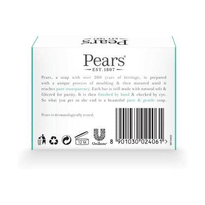 Pears Pure &amp; Gentle Transparent Natural Soap Bar - Made with Lemon Flower Extracts, Nourishing and Refreshing Bathing Cleanser - 125g