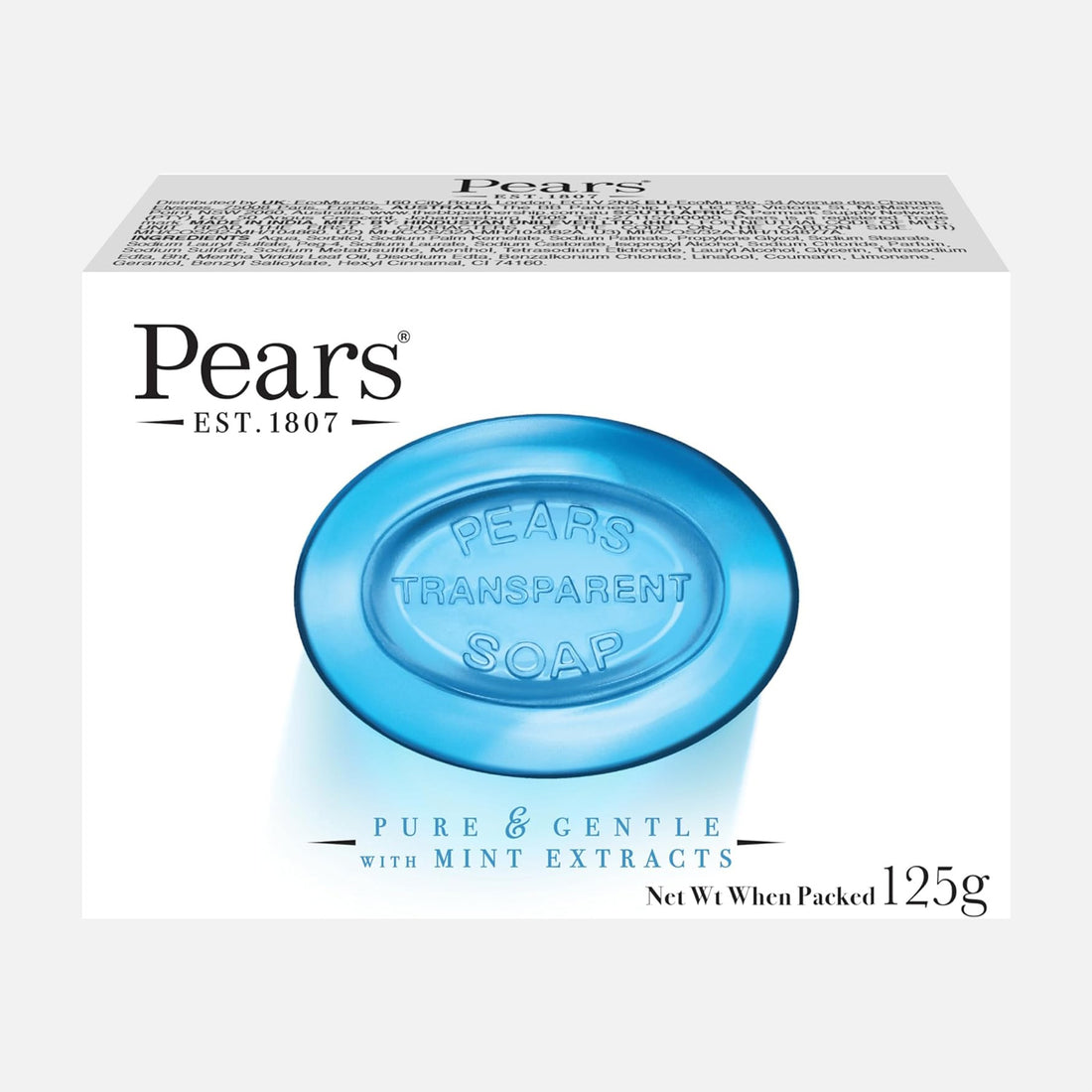 Pears Pure & Gentle Transparent Natural Soap Bar - Made with Mint Extracts, Nourishing and Refreshing Bathing Cleanser -125g