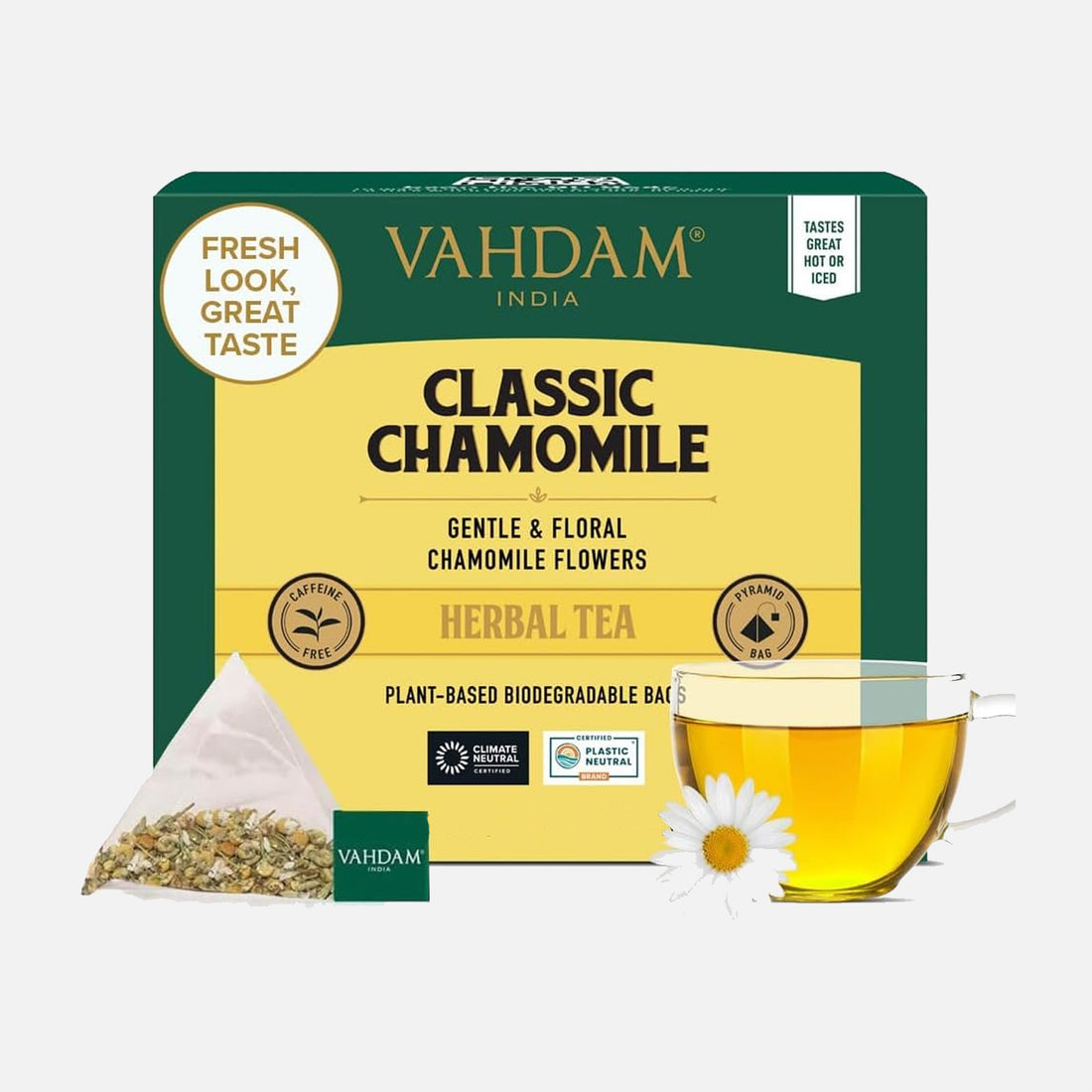 VAHDAM Chamomile Herbal Tea (15 Pyramid Tea Bags) Resealable Ziplock Pouch - Caffeine Free, Non GMO, Gluten Free - 100% Pure Tisane - Sweet & Floral - Made With Natural Chamomile Flowers