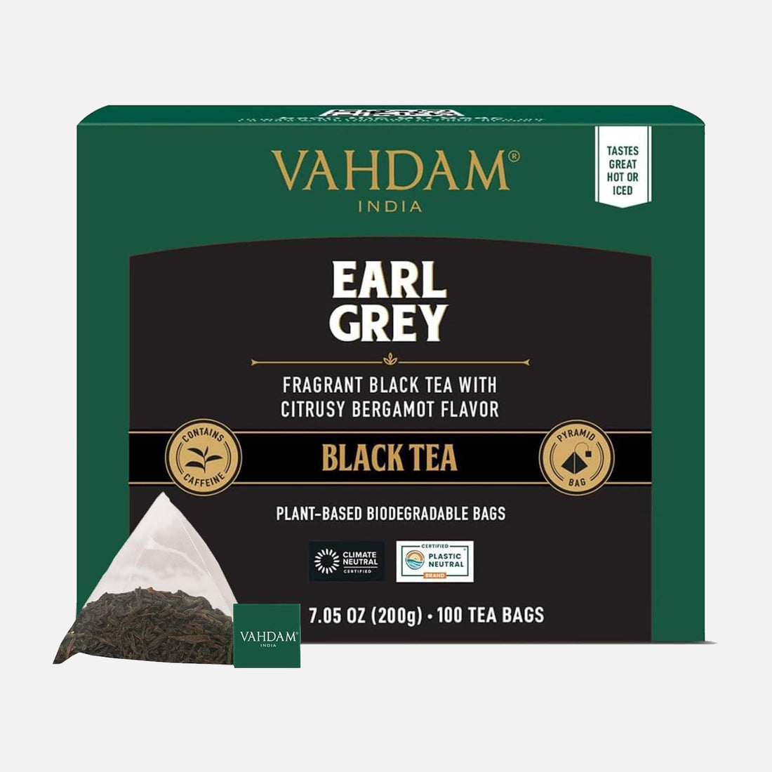 VAHDAM Earl Grey Black Tea Bags (100 Count) Medium Caffeine, Non GMO, Gluten Free - Citrus Bergamot &amp; Smooth - Resealable Ziplock Pouch - Plant Based Tea Bags