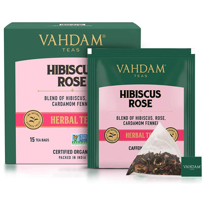 VAHDAM Hibiscus Rose Tea (15 Pyramid Tea Bags) Herbal Tea Bags- Hibiscus Rose Petals &amp; Indian Exotic Spices - Caffeine Free Hibiscus Tea, Floral Flavour Tisane - Eco-Conscious Tea Bags