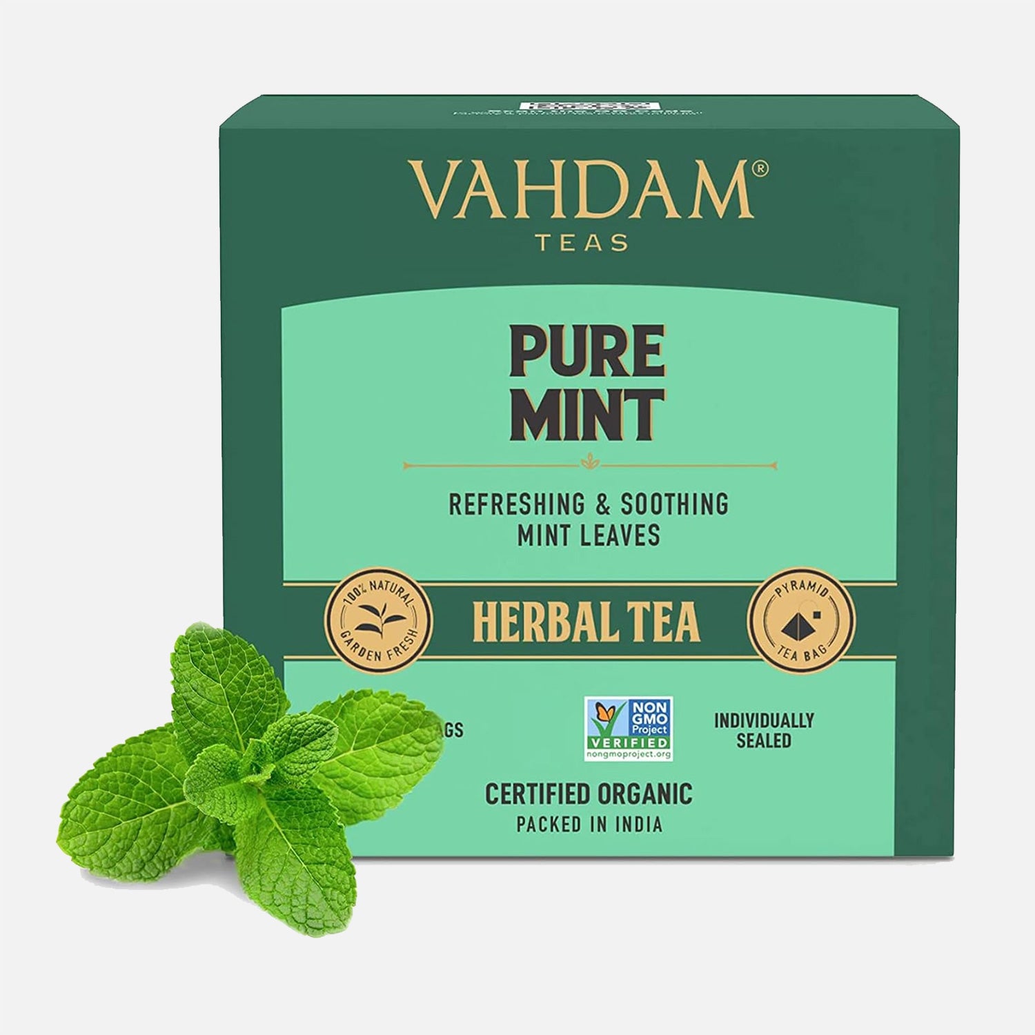 VAHDAM Pure Mint Herbal Tea (15 Pyramid Tea Bags) Caffeine Free, Non GMO, Gluten Free - Blend of Spearmint &amp; Peppermint - Sweet &amp; Minty - Resealable Ziplock Pouch
