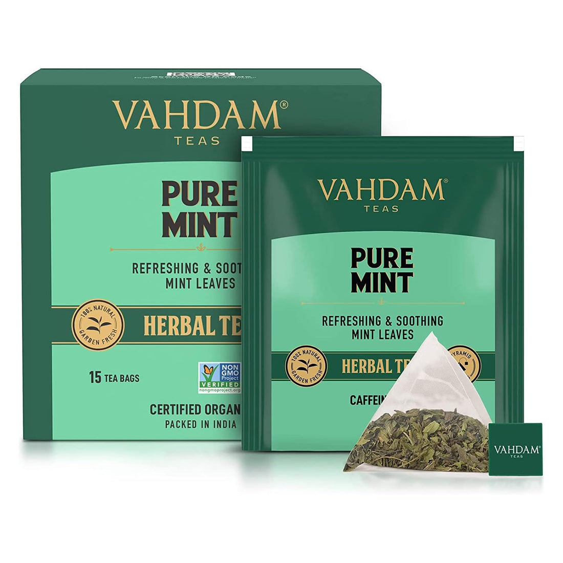 VAHDAM Pure Mint Herbal Tea (15 Pyramid Tea Bags) Caffeine Free, Non GMO, Gluten Free - Blend of Spearmint &amp; Peppermint - Sweet &amp; Minty - Resealable Ziplock Pouch