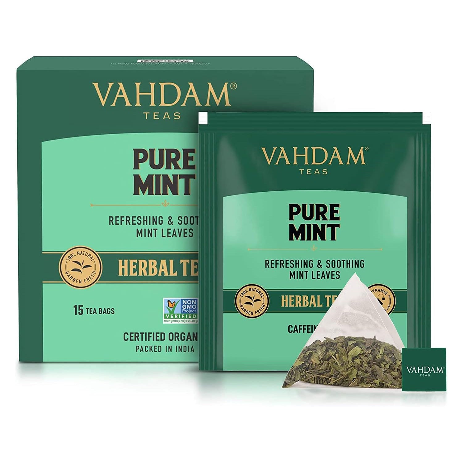 VAHDAM Pure Mint Herbal Tea (15 Pyramid Tea Bags) Caffeine Free, Non GMO, Gluten Free - Blend of Spearmint &amp; Peppermint - Sweet &amp; Minty - Resealable Ziplock Pouch