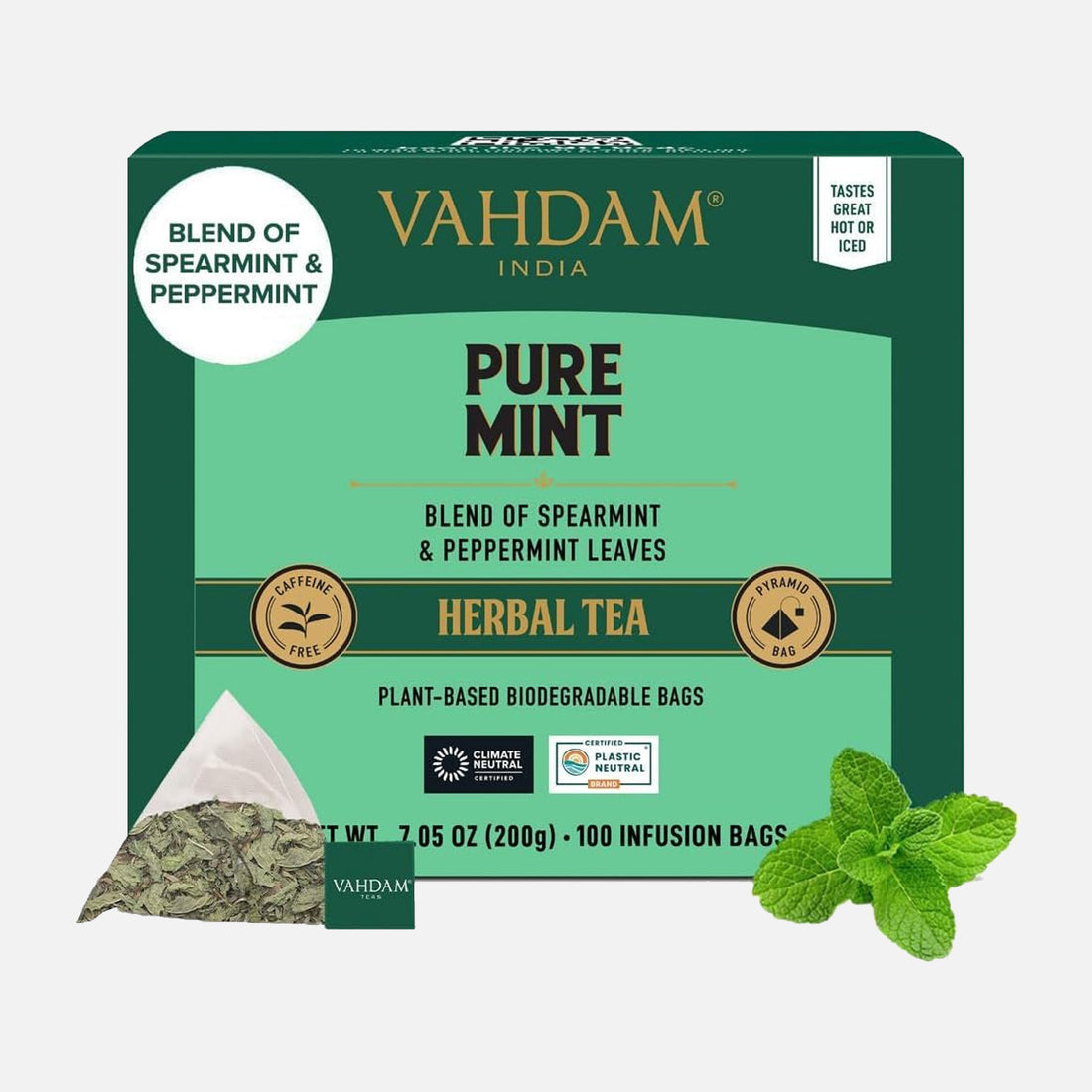 VAHDAM Pure Mint Herbal Tea (15 Pyramid Tea Bags) Caffeine Free, Non GMO, Gluten Free - Blend of 100% Natural Ingredients- Peppermint Tea, Spearmint Tea - Mint Tea Bags - Resealable Ziplock Pouch